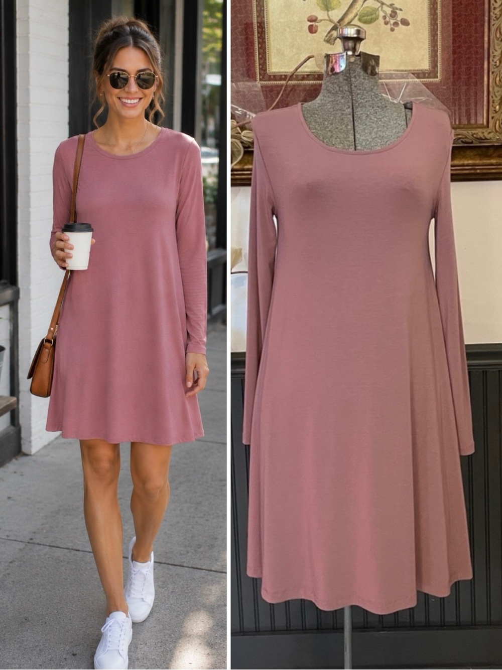 FREE FLY Bamboo Blend Simple Knit Long Sleeve Tee Shirt Dress Dusty Rose~S💚🎀